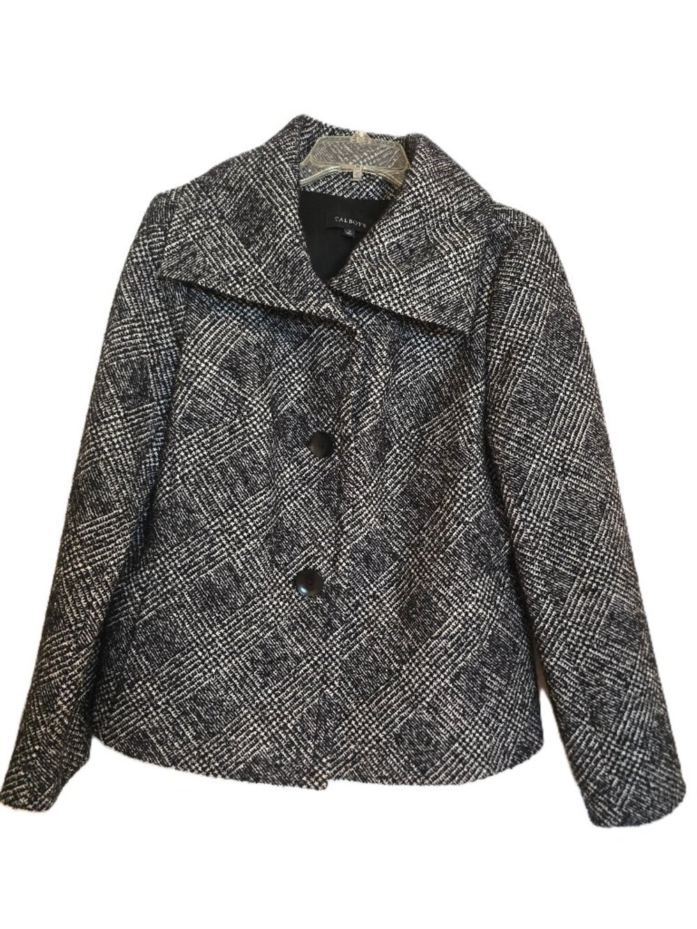 Talbots Wool Blend Plaid Short Pea Coat Jacket Black/White Size 12